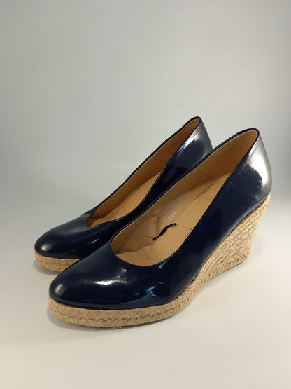 Leather Collection Navy Blue Patent Leather Wedge Espadrille Shoes - Size UK 5