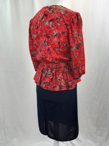 Floral Red & Black Rose Patterned 1980s Vintage Pencil Skirt Dress - 16