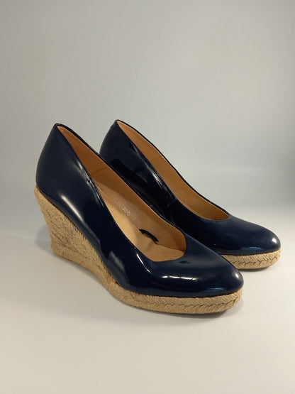 Leather Collection Navy Blue Patent Leather Wedge Espadrille Shoes - Size UK 5