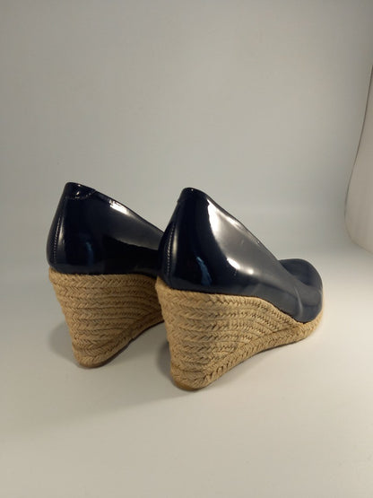 Leather Collection Navy Blue Patent Leather Wedge Espadrille Shoes - Size UK 5