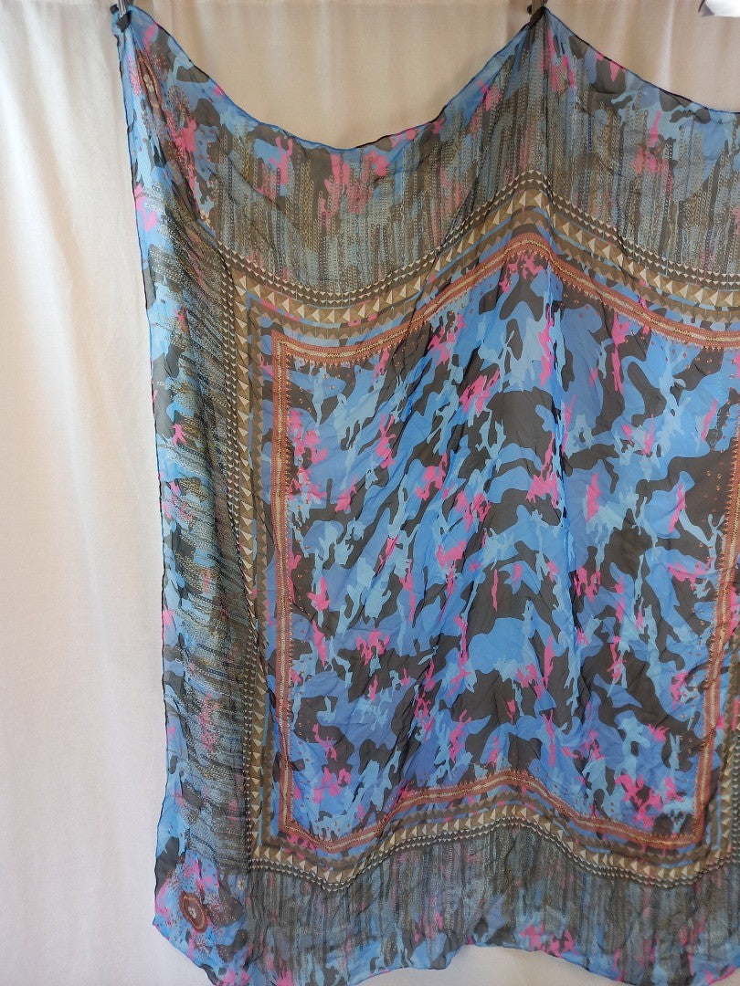 Jane Carr Pink Blue Black 100% Silk Square Large Scarf Excellent Condition