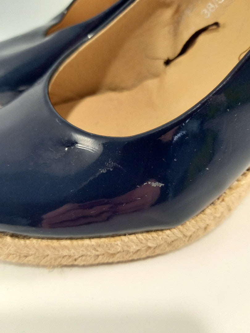 Leather Collection Navy Blue Patent Leather Wedge Espadrille Shoes - Size UK 5