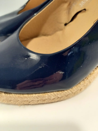 Leather Collection Navy Blue Patent Leather Wedge Espadrille Shoes - Size UK 5