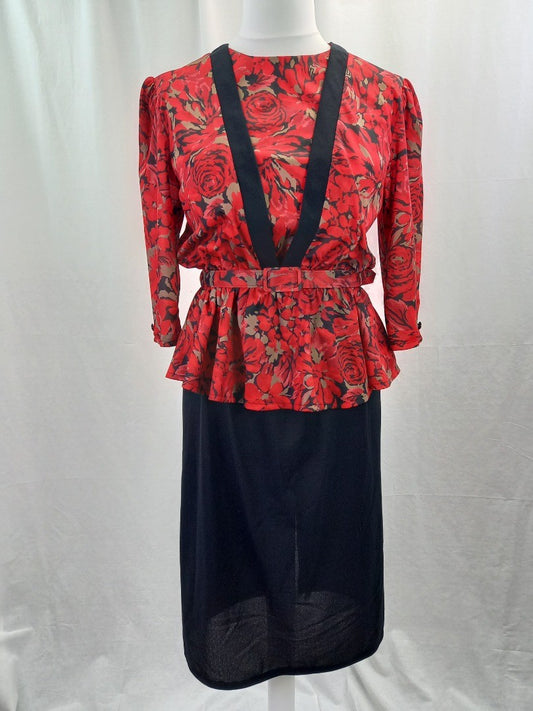 Floral Red & Black Rose Patterned 1980s Vintage Pencil Skirt Dress - 16