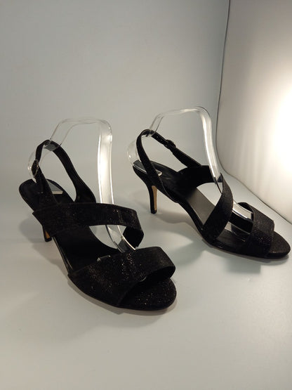 Heavenly Soles Black Glitter Heeled Strappy Slingback Sandals - Size UK 7EEE