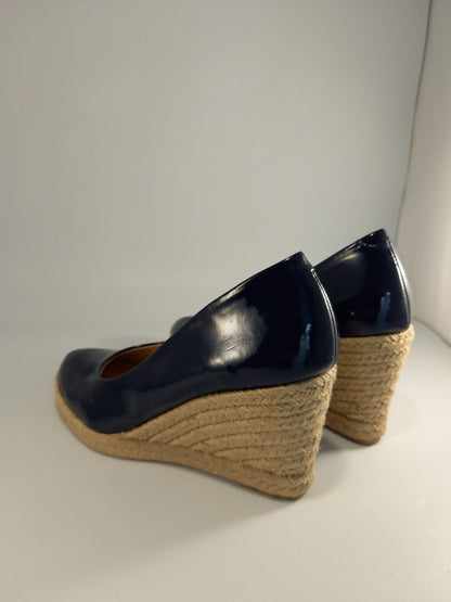 Leather Collection Navy Blue Patent Leather Wedge Espadrille Shoes - Size UK 5