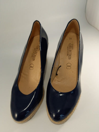 Leather Collection Navy Blue Patent Leather Wedge Espadrille Shoes - Size UK 5