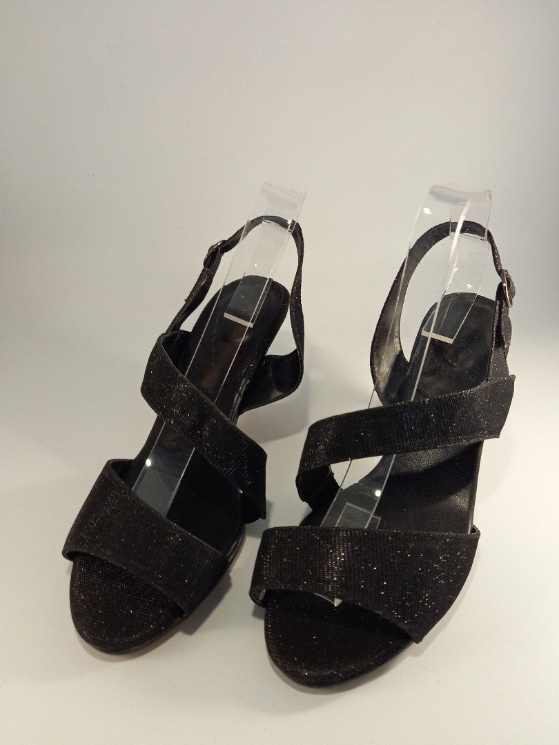 Heavenly Soles Black Glitter Heeled Strappy Slingback Sandals - Size UK 7EEE