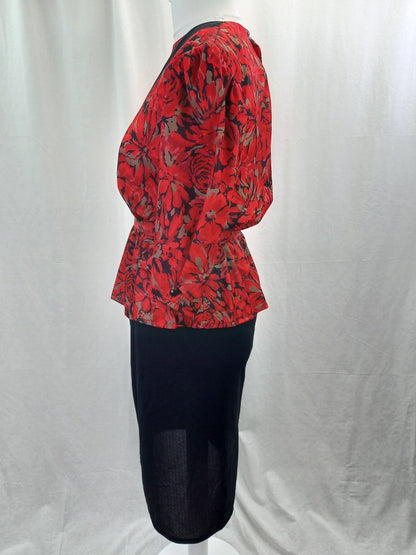 Floral Red & Black Rose Patterned 1980s Vintage Pencil Skirt Dress - 16