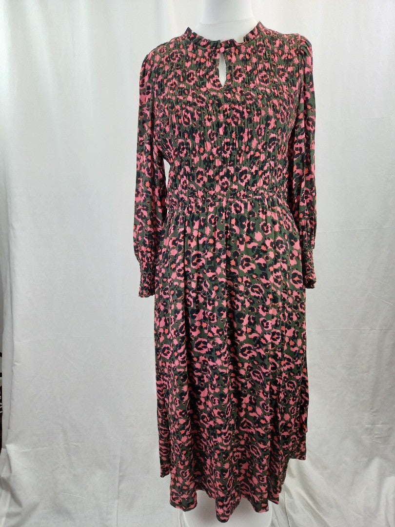 Wyse London Khaki & Pink Leopard Print Ruched Maxi Dress - Size 4L