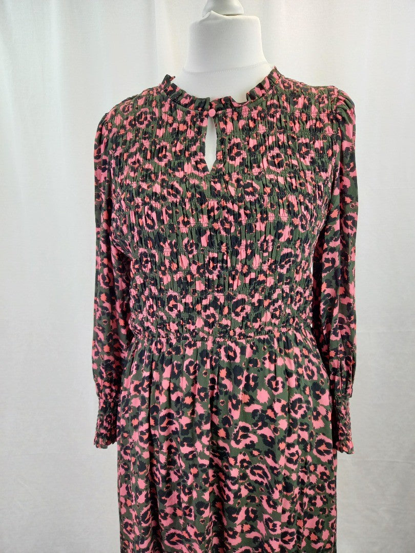 Wyse London Khaki & Pink Leopard Print Ruched Maxi Dress - Size 4L