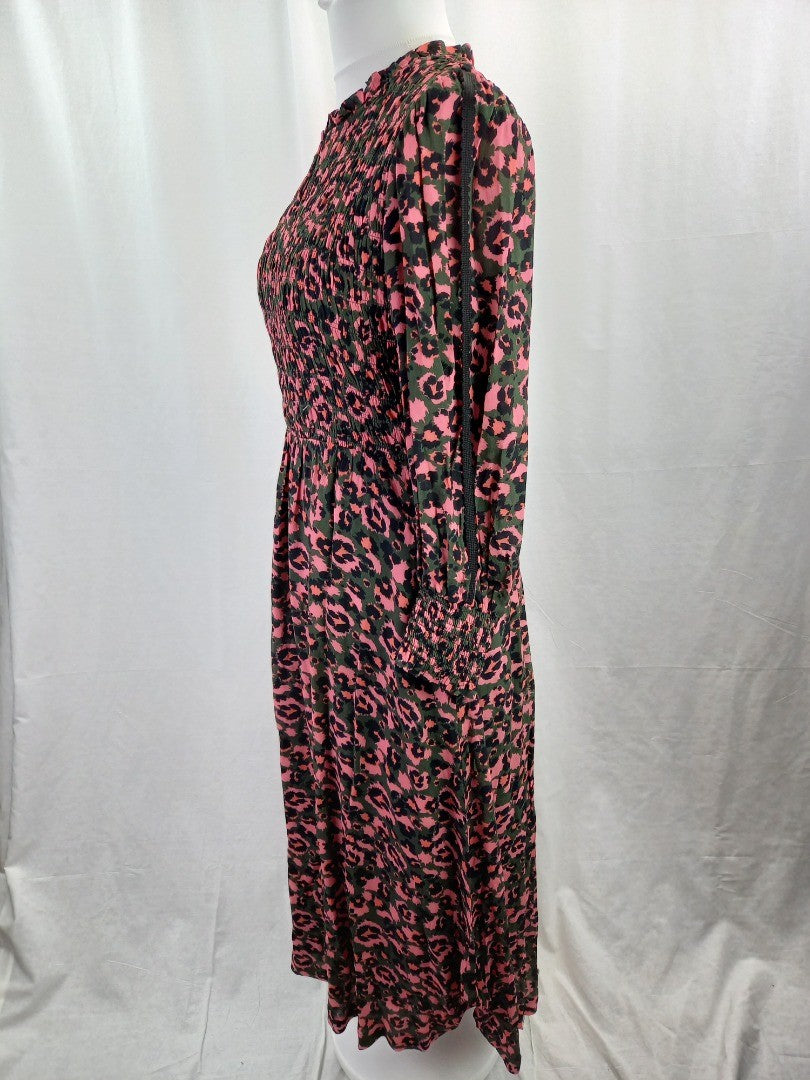 Wyse London Khaki & Pink Leopard Print Ruched Maxi Dress - Size 4L