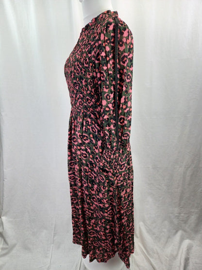 Wyse London Khaki & Pink Leopard Print Ruched Maxi Dress - Size 4L