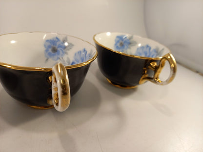 Royal Stafford Bone China Black Blue & Gold Leaves Tea Cups ONLY x4 Vintage VGC