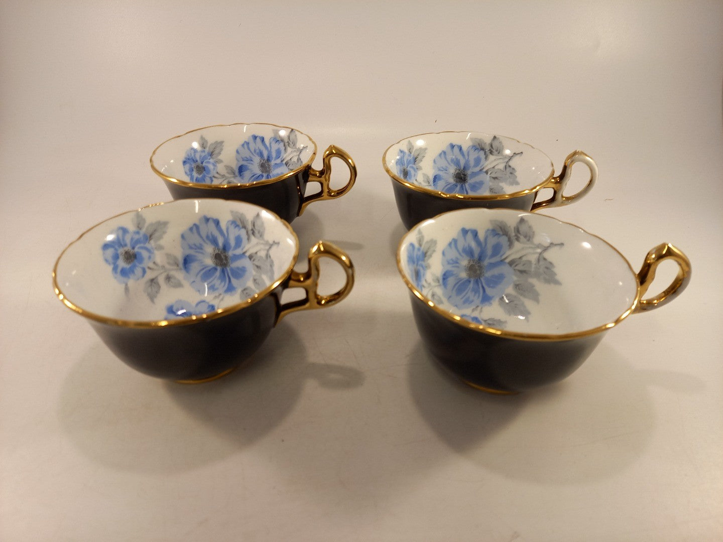 Royal Stafford Bone China Black Blue & Gold Leaves Tea Cups ONLY x4 Vintage VGC