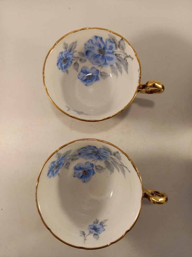 Royal Stafford Bone China Black Blue & Gold Leaves Tea Cups ONLY x4 Vintage VGC