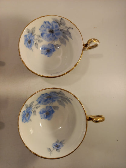 Royal Stafford Bone China Black Blue & Gold Leaves Tea Cups ONLY x4 Vintage VGC