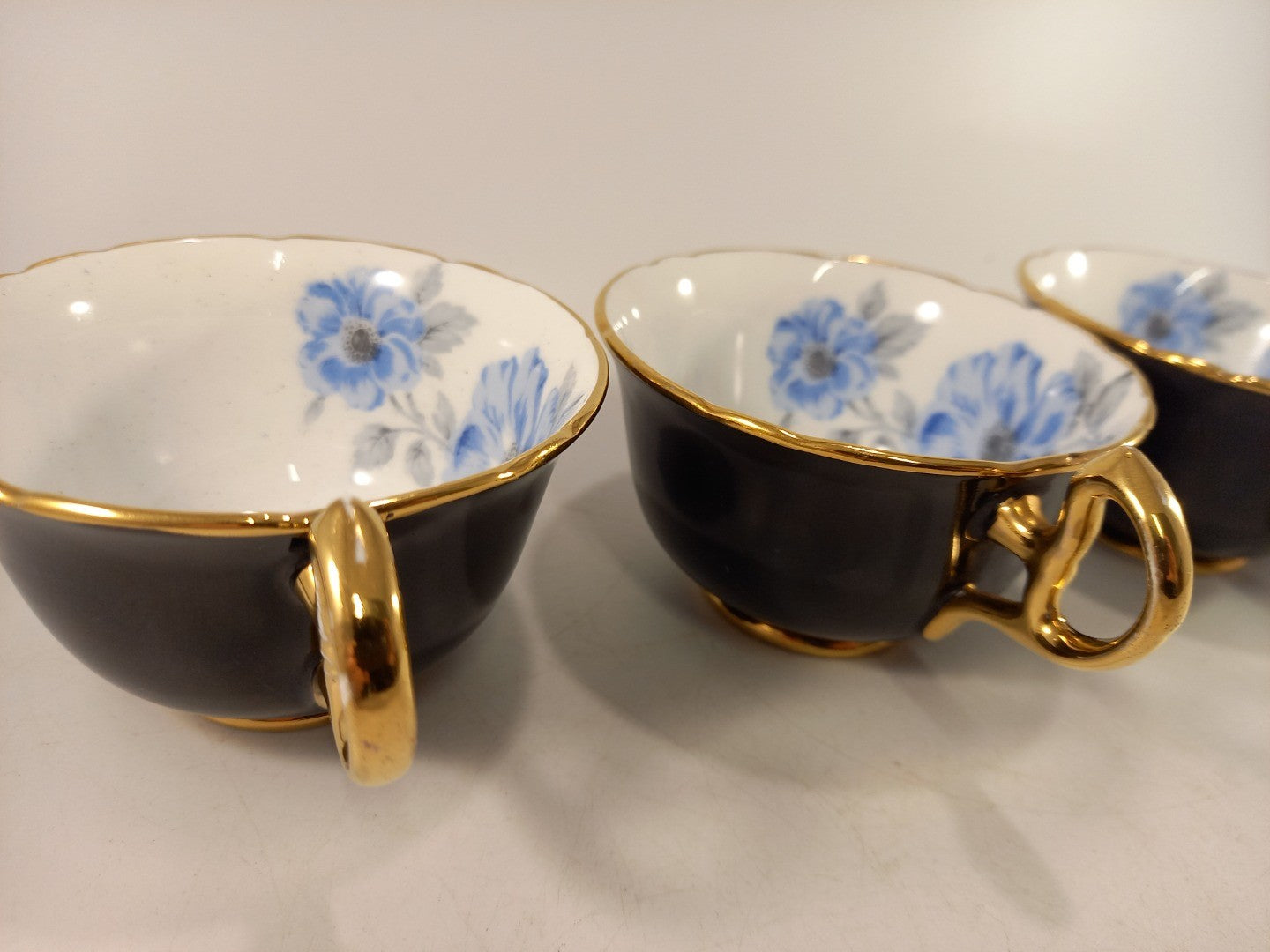 Royal Stafford Bone China Black Blue & Gold Leaves Tea Cups ONLY x4 Vintage VGC