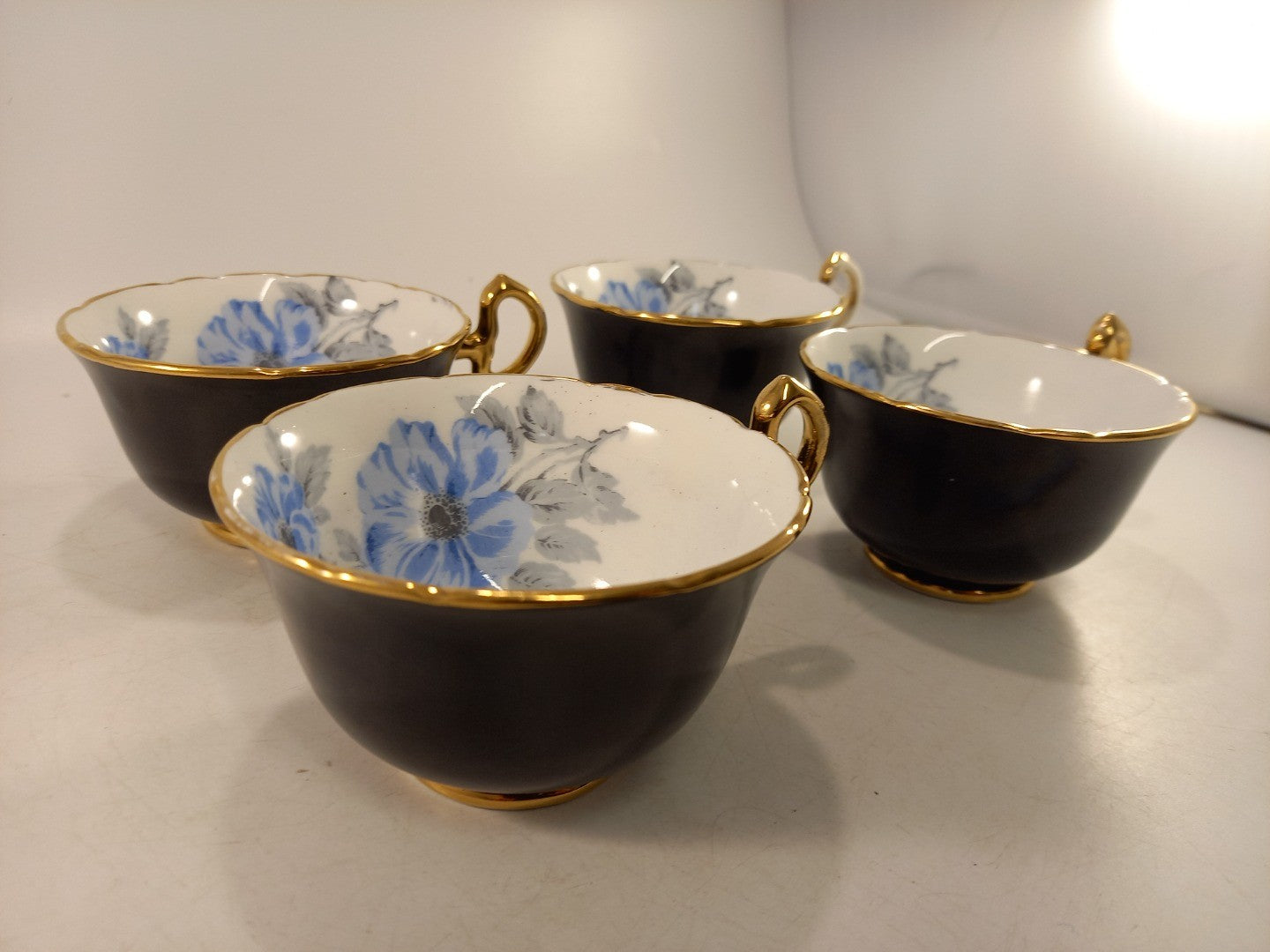 Royal Stafford Bone China Black Blue & Gold Leaves Tea Cups ONLY x4 Vintage VGC