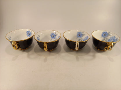 Royal Stafford Bone China Black Blue & Gold Leaves Tea Cups ONLY x4 Vintage VGC