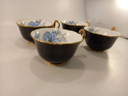 Royal Stafford Bone China Black Blue & Gold Leaves Tea Cups ONLY x4 Vintage VGC