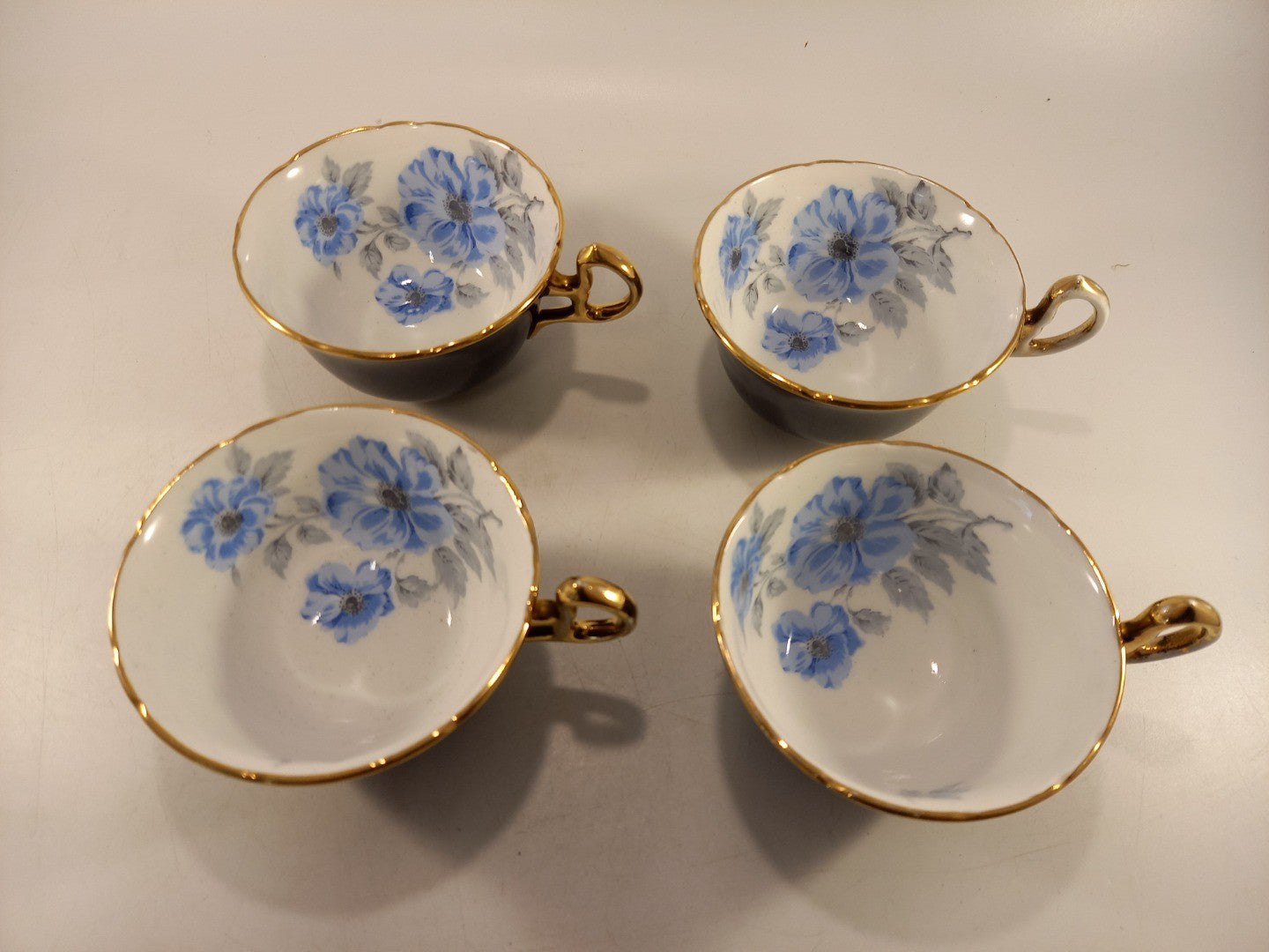 Royal Stafford Bone China Black Blue & Gold Leaves Tea Cups ONLY x4 Vintage VGC