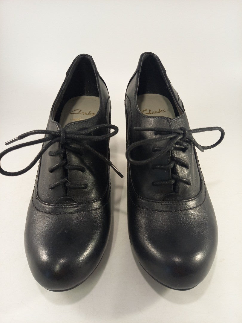 Clarks Cushion Soft Black Leather Heel Oxford Shoes Lace Up Size 3D Ex Con