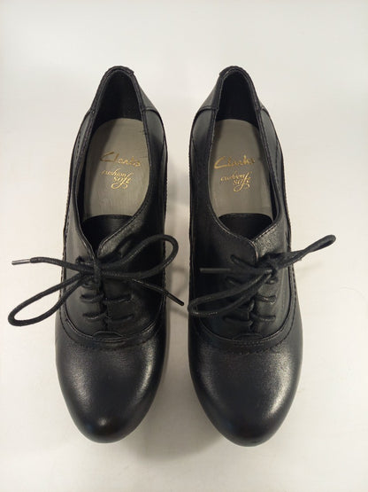 Clarks Cushion Soft Black Leather Heel Oxford Shoes Lace Up Size 3D Ex Con