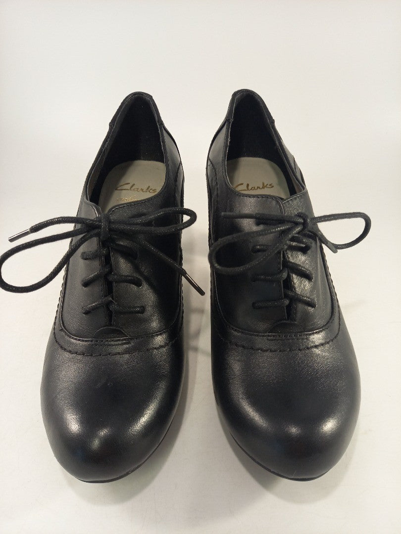 Clarks Cushion Soft Black Leather Heel Oxford Shoes Lace Up Size 3D Ex Con