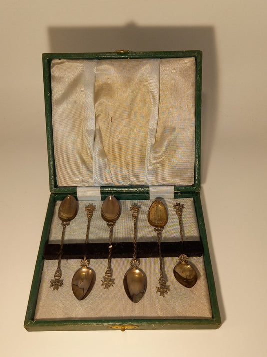 Set x6 Sterling Silver Ornate Cross Twisted Decorative Vintage Teaspoons in Box