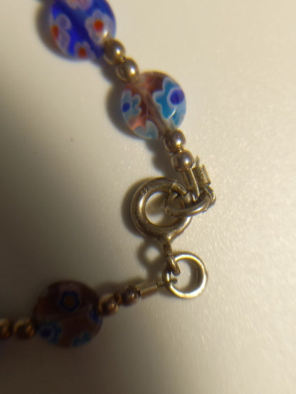 Millefiori Blue Glass Small Silver Beaded Vintage Dainty Bracelet