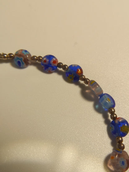 Millefiori Blue Glass Small Silver Beaded Vintage Dainty Bracelet