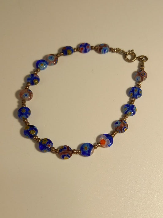 Millefiori Blue Glass Small Silver Beaded Vintage Dainty Bracelet