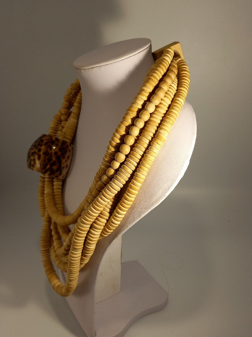 Wooden Beaded Chunky Layered Tiger Shell Statement Asymmetrical Necklace