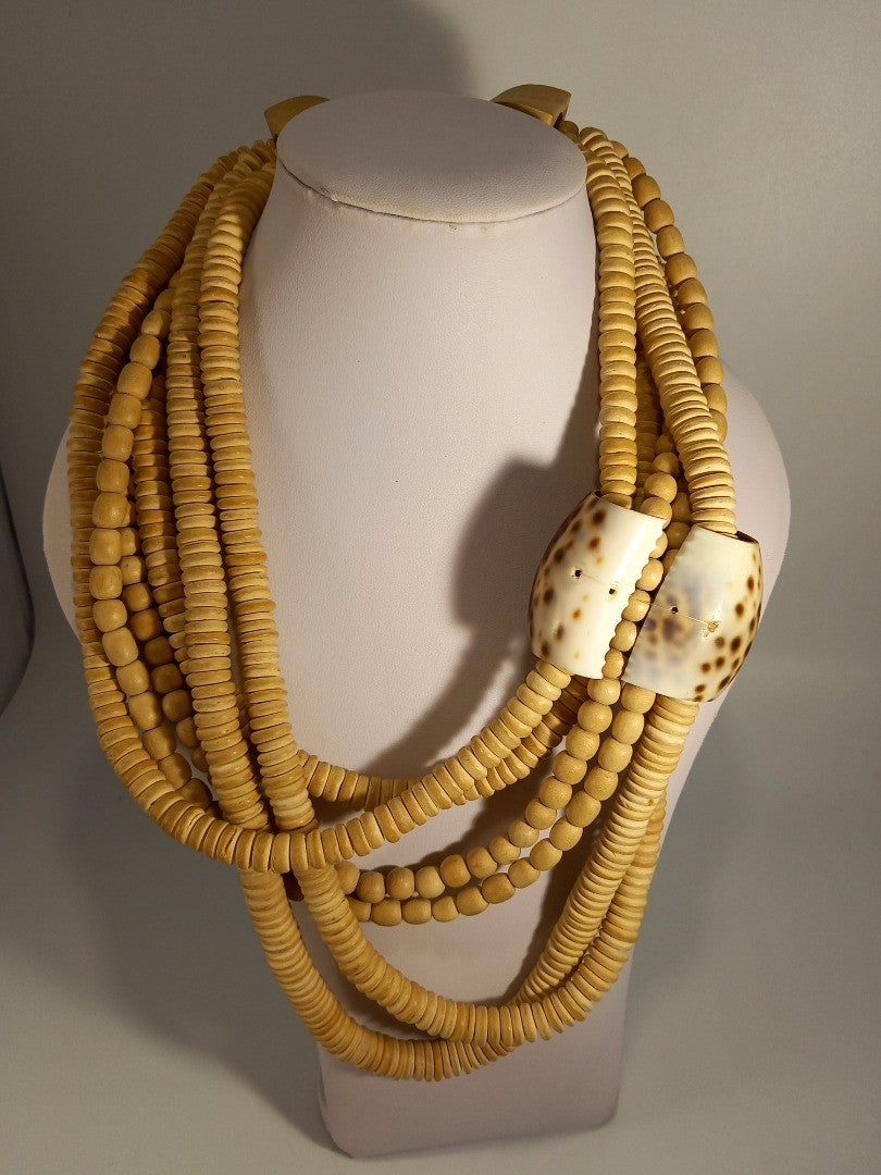 Wooden Beaded Chunky Layered Tiger Shell Statement Asymmetrical Necklace