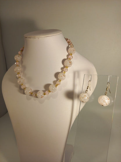 Speckled Glass Bead Venetian Vintage Light Pink Necklace & Earrings Set