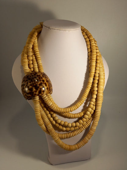 Wooden Beaded Chunky Layered Tiger Shell Statement Asymmetrical Necklace