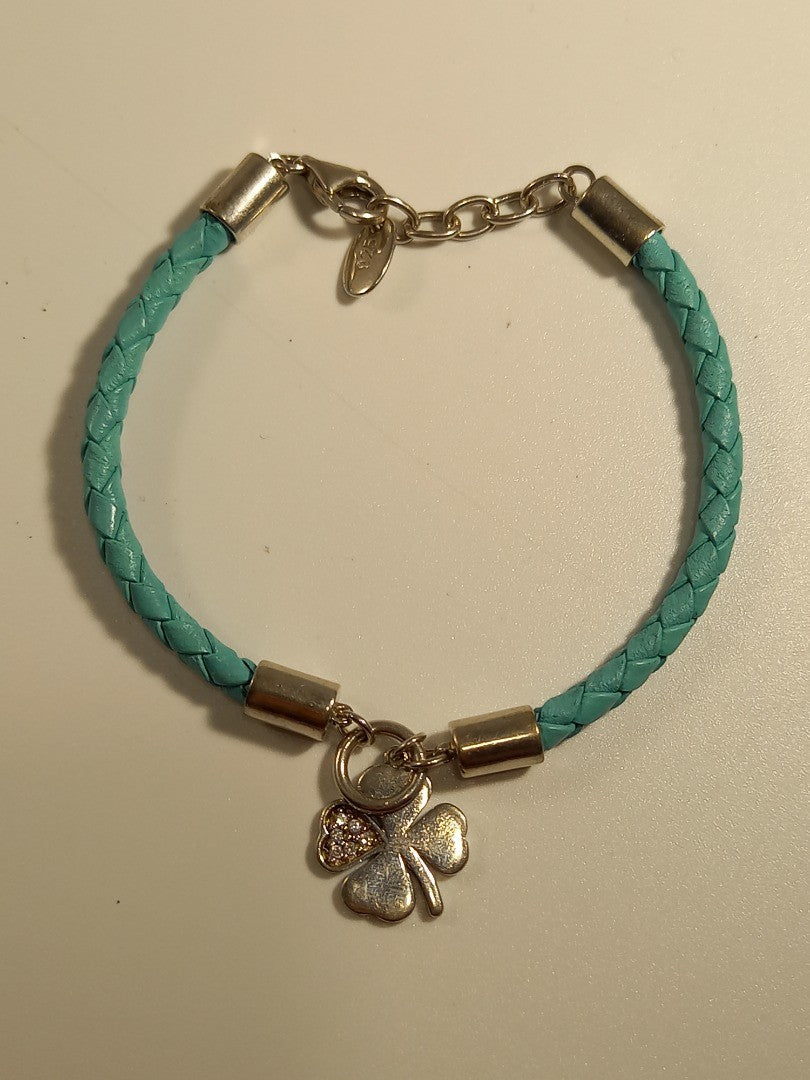 Esprit Light Blue Woven Leather and 925 Silver Clover Diamante Bracelet