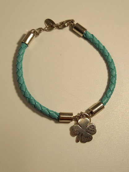 Esprit Light Blue Woven Leather and 925 Silver Clover Diamante Bracelet