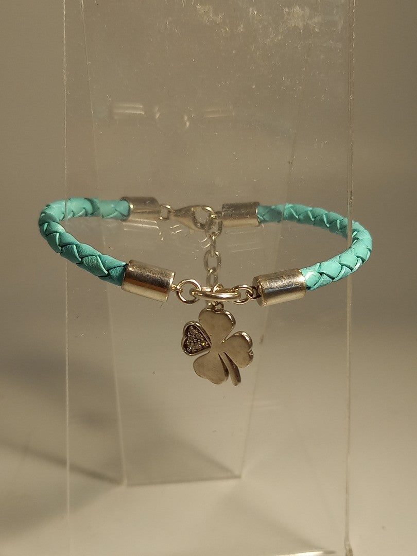 Esprit Light Blue Woven Leather and 925 Silver Clover Diamante Bracelet