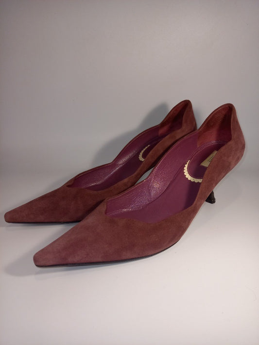 Prada Suede Kitten Heel Plum Purple Low Court Lattice Shoes - 38 / UK 5