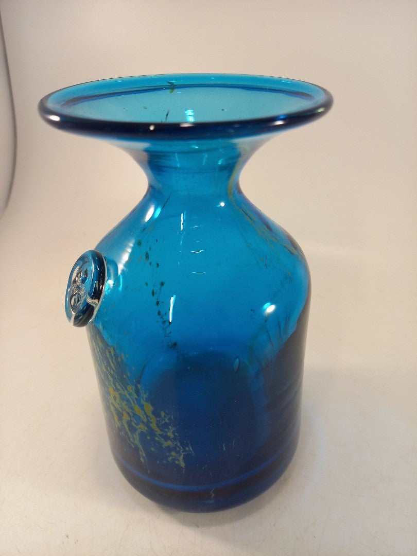 Medina Ocean Blue Yellow Splash Vase Medium 6" Signed Excellent Condition