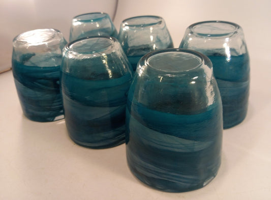 Teal Blue Swirl Handblown Tumblers Glasses Set of 6 Art Glass Excellent Condition