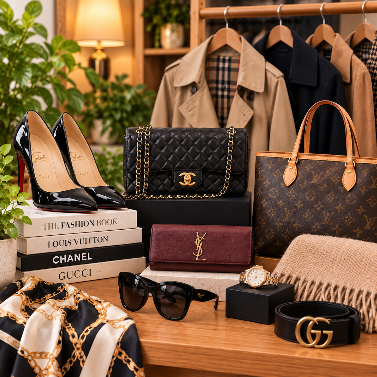 A styled luxury fashion display featuring multiple designer handbags, shoes, sunglasses, and accessories arranged on a wooden table with books and clothing racks in the background. Visible brands include Chanel, Louis Vuitton, Gucci, Saint Laurent, and Dior.