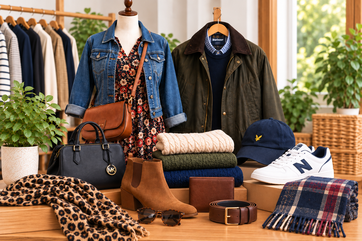 A styled clothing and accessory display on a wooden counter in a boutique setting. Visible items include a blue denim jacket on a mannequin, an olive green corduroy jacket on a hanger, a floral dress under the denim jacket, a brown leather crossbody bag, a black handbag with a gold logo, a brown suede boot, a folded knit sweater, a navy and red plaid scarf, a leopard-print scarf, a New Balance cap and white New Balance sneaker, sunglasses, a belt, and folded leather accessories.