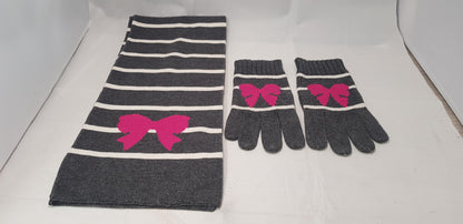 Hobbs Academy Scarf & Gloves Set purple black striped silk cotton cashmere VGC