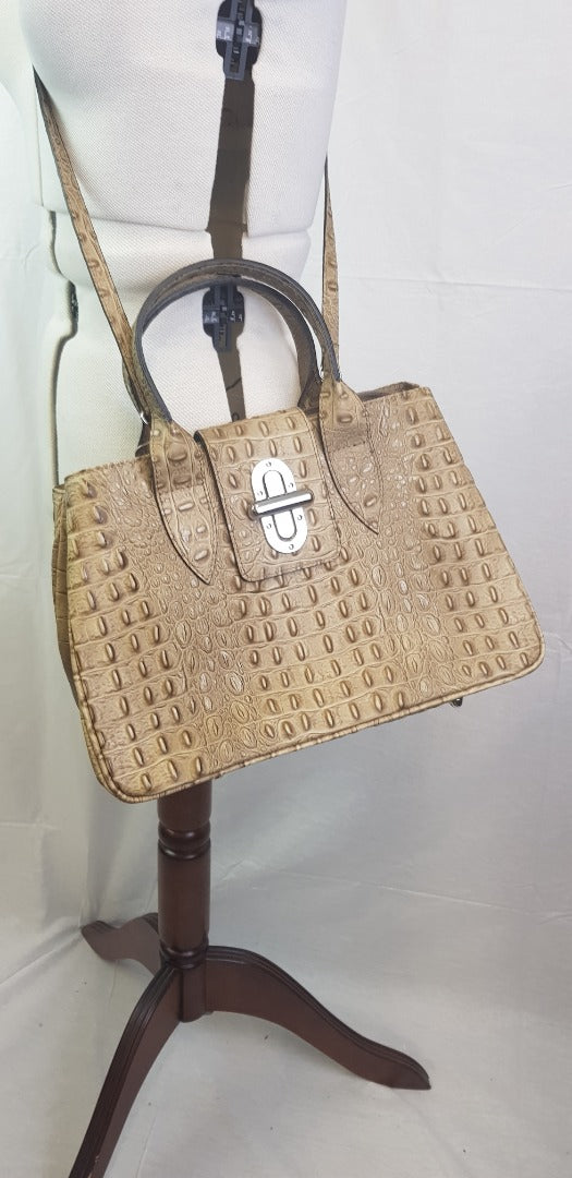 Vera, Faux Croc Skin, Beige Leather Handbag - Made in Italy BNWT